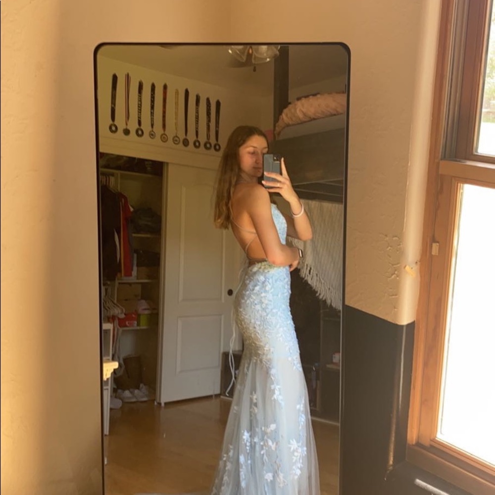 Floral Pastel Blue Prom Dress